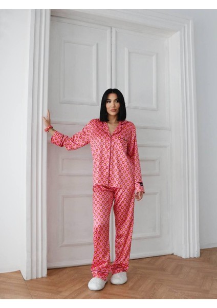 Marghercoccolarsı Borgogna Su Sfondo Saten Uzun Pijama Takımı