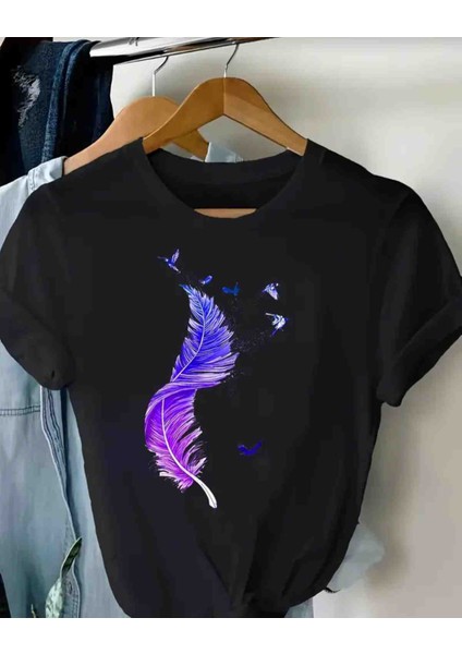 Mor Tüy Baskılı Özel Tasarım Oversize Tshirt