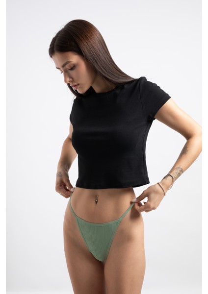 Pamuklu ve Likralı Lastikli Kaşkorse Fitilli Kadın G-String