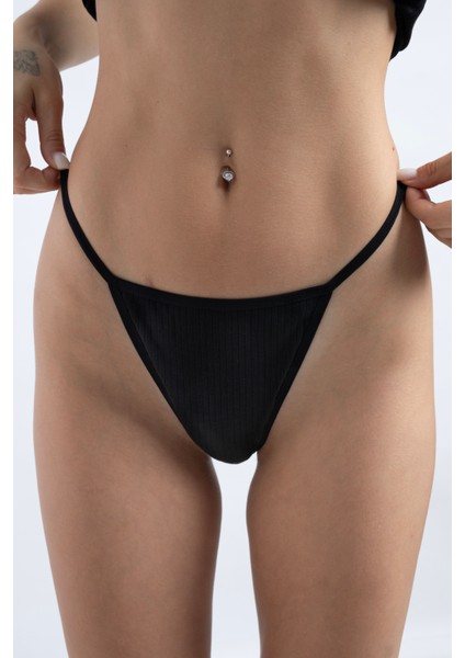 Pamuklu ve Likralı Lastikli Kaşkorse Fitilli Kadın G-String