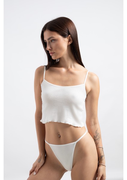 Pamuklu ve Likralı Lastikli Kaşkorse Fitilli Kadın G-String