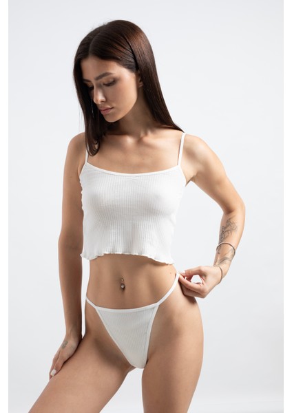 Pamuklu ve Likralı Lastikli Kaşkorse Fitilli Kadın G-String