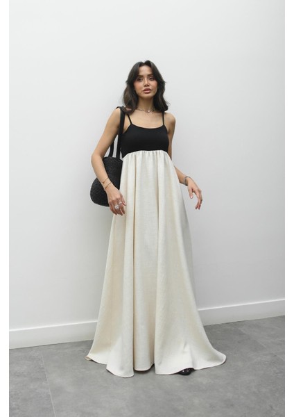 Natural Patchwork Maxi Keten Elbise
