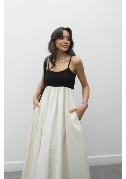 Natural Patchwork Maxi Keten Elbise modelleri