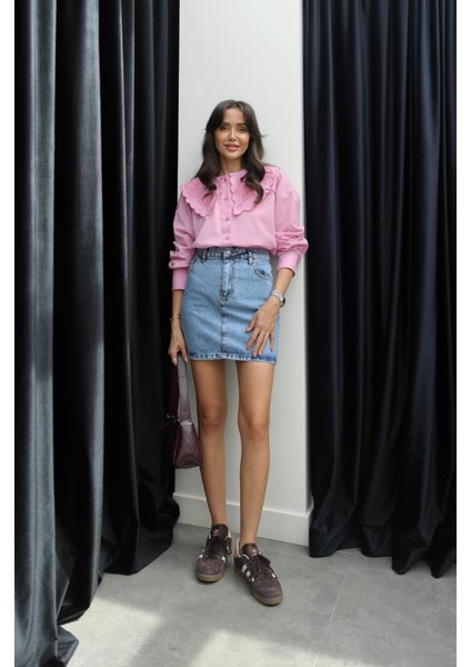 Yıkamalı Mavi Kısa Denim Etek