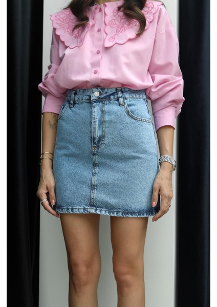 Yıkamalı Mavi Kısa Denim Etek modelleri