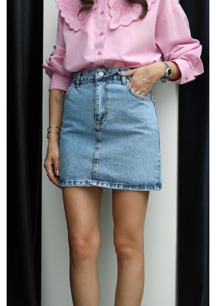 Yıkamalı Mavi Kısa Denim Etek indirimleri