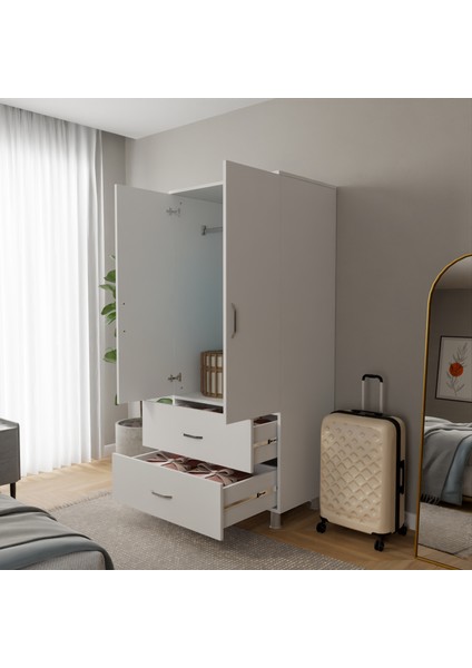 Roma 2 Kapaklı 2 Çekmeceli Giysi Dolabı - 80X52X190 cm - Beyaz / Antrasit / Ahşap modelleri