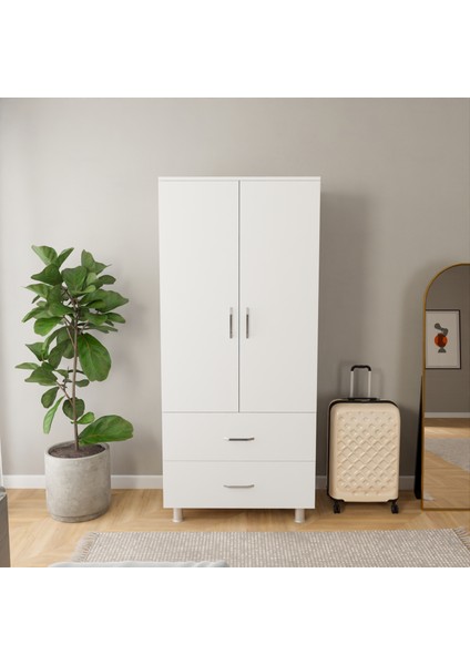 Roma 2 Kapaklı 2 Çekmeceli Giysi Dolabı - 80X52X190 cm - Beyaz / Antrasit / Ahşap fırsatları