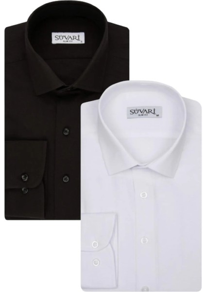 Slim Fit 2 Li Düz Gömlek Seti Siyah Beyaz
