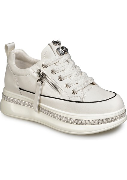 Krem Sneakers Deri Kadın Ayakkabı