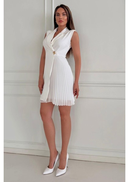 Ceket Yaka Düğme Detaylı Kolsuz Piliseli Kadın Abiye Elbise 017Y