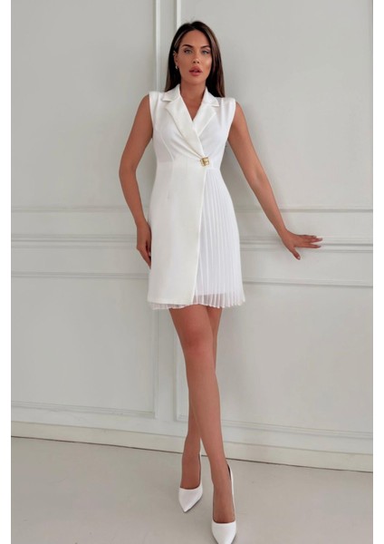 Ceket Yaka Düğme Detaylı Kolsuz Piliseli Kadın Abiye Elbise 017Y fiyatları