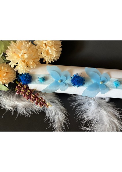 Mavi Kelebek ve Ponponlu Lastik Bandana