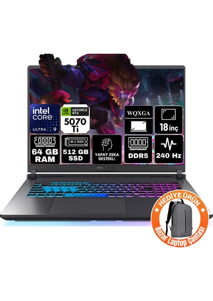 Rog Strix G18 Intel Core Ultra 9 275HX 64GB 512GB SSD Rtx 5070TI 12GB 16GB 240Hz 18" 2.5k Wqxga Freedos Taşınabilir Bilgisayar G815LR-A15