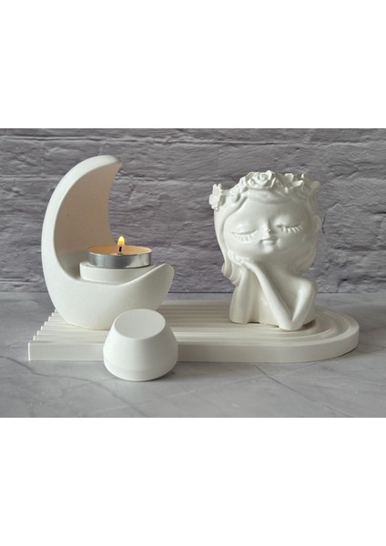 3'lü Dekoratif Set, Ay Görünümlü Mumluk, Düşünen Çiçekçi Kız, Şerit Görünümlü Stand, Tealight Mum