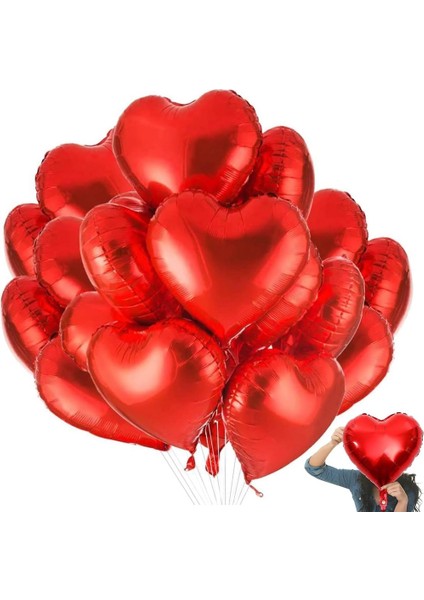 46 cm 9 Adet Parlak Metalik Kırmızı Kalpli Folyo Balon Orta Boy 46 cm Kalpli Balon