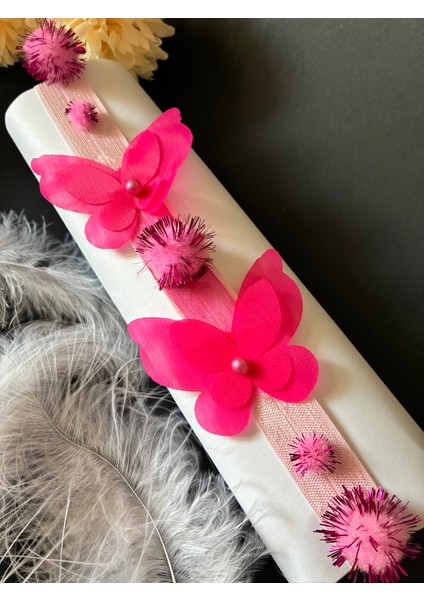 Fuşya Ponponlu ve Kelebekli Lastik Bandana