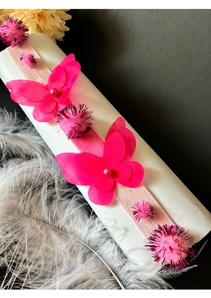 Fuşya Ponponlu ve Kelebekli Lastik Bandana modelleri