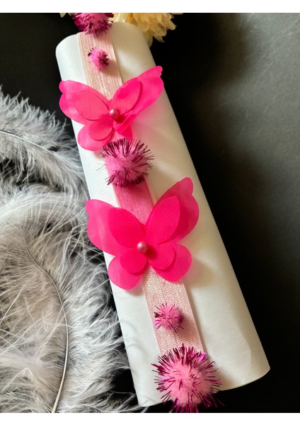 Fuşya Ponponlu ve Kelebekli Lastik Bandana fırsatları
