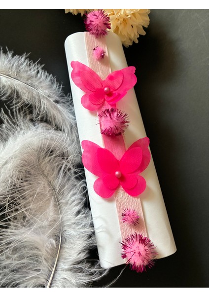 Fuşya Ponponlu ve Kelebekli Lastik Bandana indirimleri
