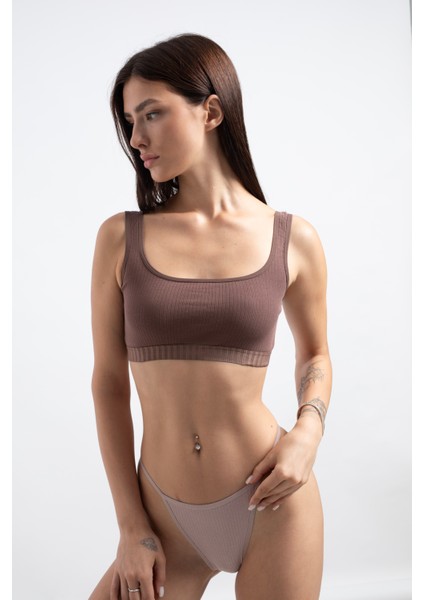 Kadın Kahverengi Pamuklu Kare Yaka Crop Top Büstiyer