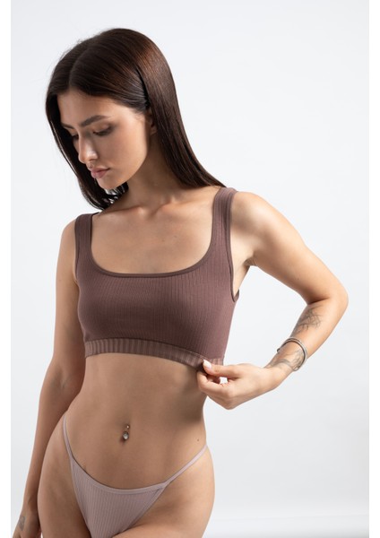 Kadın Kahverengi Pamuklu Kare Yaka Crop Top Büstiyer fiyatları