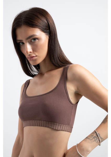 Kadın Kahverengi Pamuklu Kare Yaka Crop Top Büstiyer modelleri