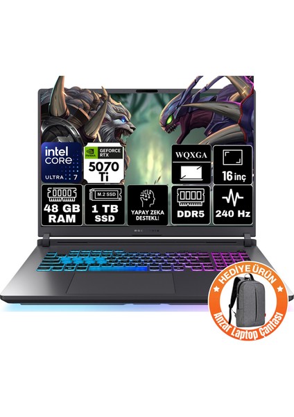 Rog Strix G16 Intel Core Ultra 7 255HX 48GB 1tb SSD Rtx 5070TI 12GB 240Hz 18" 2.5k Wqxga Freedos Taşınabilir Bilgisayar G615LR-A11