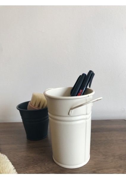 Galvaniz Kalemlik Organizer Çiçeklik Vazo Krem Renk Kaşıklık Kalemlik Kafe Cafe Tip