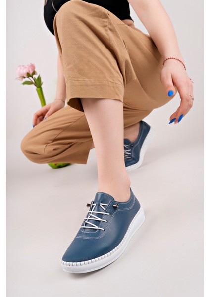 Kadın Düz Taban Ortopedik Lastik Bağcıklı Deri Günlük& Şık Casual Ayakkabı