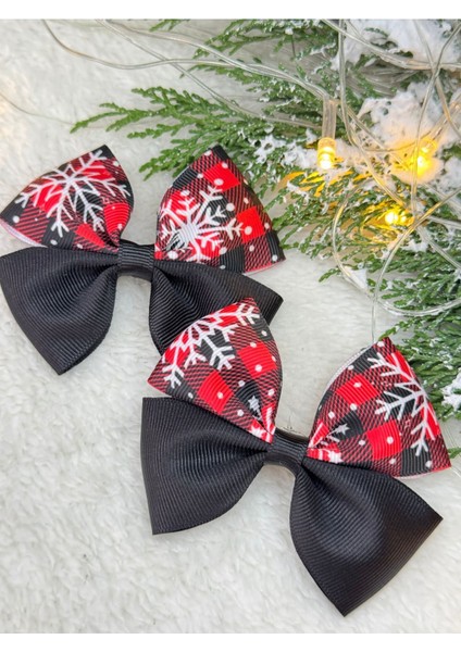 2'li Siyah Yılbaşı Konsepti Kar Tanesi Detaylı El Yapımı Fiyonk Klips Toka Seti