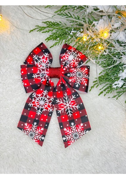 1 Adet Yılbaşı Konsepti Kar Taneli Kırmızı El Yapımı Fiyonk Klips Toka