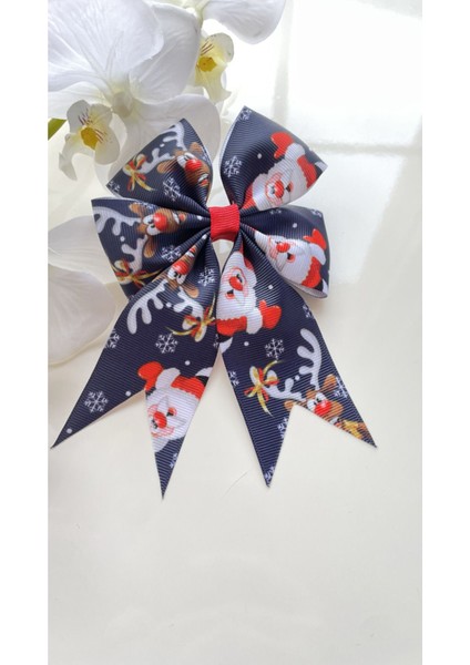 Yılbaşı Konsepti Lacivert Noel Baba Geyik Figürlü El Yapımı Fiyonk Klips Toka