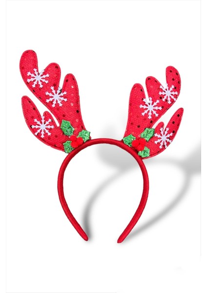 Yılbaşı Konsepti Parlak Kırmızı Kar Taneli Geyik Boynuzu Figürlü Taç