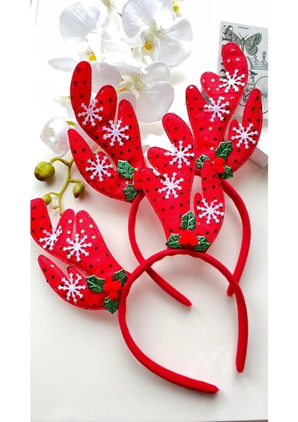 Yılbaşı Konsepti Parlak Kırmızı Kar Taneli Geyik Boynuzu Figürlü Taç modelleri