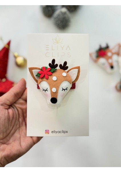 El Yapımı Geyik Figürlü Keçe Yılbaşı Klips Çocuk Tokası