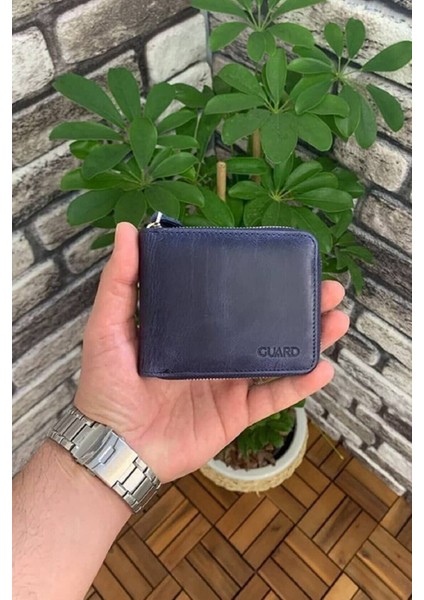 Hakiki Deri Antik Lacivert Fermuarlı Mini Erkek Cüzdanı (T1489)