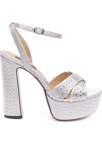 Bilekten Bantlı Taşlı Platformlu Kadın Topuklu Ayakkabı