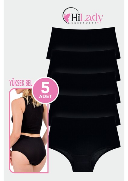 Kadın Külot 5'li Paket Yüksek Bel Külot Siyah, Likralı Pamuklu Kumaş