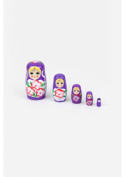 Mor Ahşap Matruşka Bebek 5'li Set
