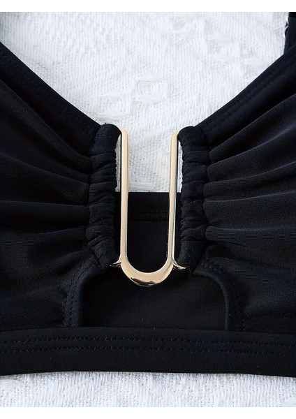 Yüksek Elastik Bikini Seti, U Şeklinde Metal Tokalı Düz Siyah, Ayarlanabilir Askılar,