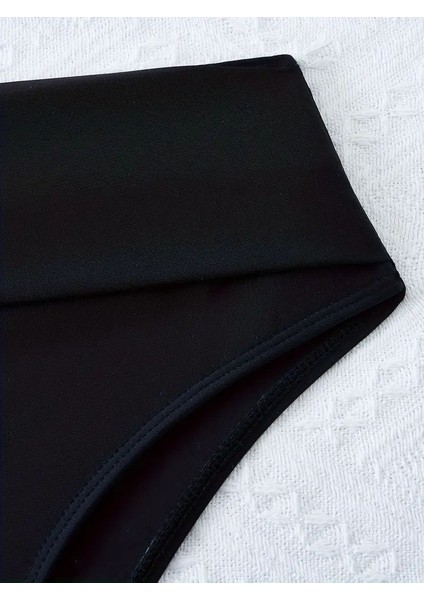 Yüksek Elastik Bikini Seti, U Şeklinde Metal Tokalı Düz Siyah, Ayarlanabilir Askılar,