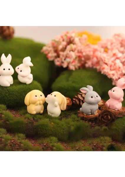 6'lı Mini Tavşan Figürleri – Teraryum ve Dekoratif Biblo Seti