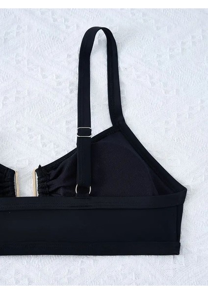 Yüksek Elastik Bikini Seti, U Şeklinde Metal Tokalı Düz Siyah, Ayarlanabilir Askılar, indirimleri