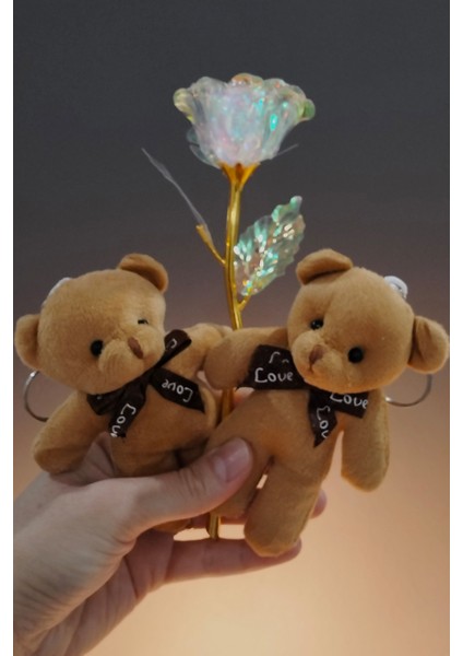 Beyaz Sonsuzluk Gülü ve Iki Adet Mini Kahverengi Peluş Ayıcık Anahtarlık