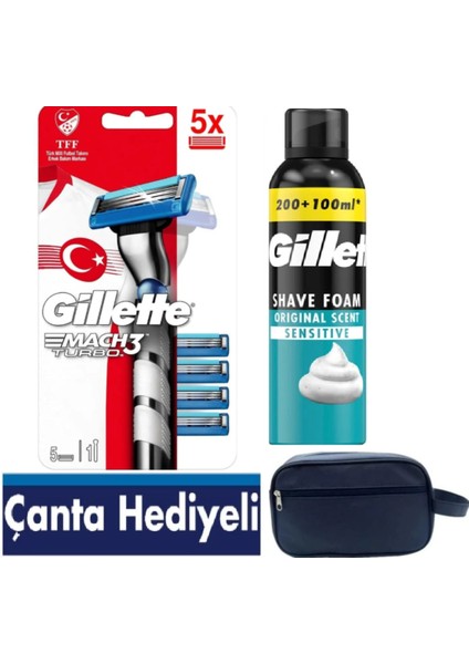 Mach3 Turbo 3d Makine + 5 Adet Yedek Tıraş Bıçağı + 250 Ml Gillette Köpük+ Seyahat Çantası