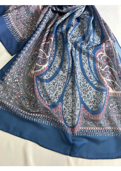 Kadın Pamuklu Mavi Retro Etnik Şal