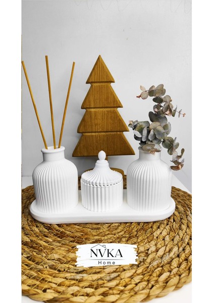 Hera Bohem Set(24 cm Oval Sunumluk+2 Adet Çizgili Vazo+1 Adet Kapaklı Mumluk)