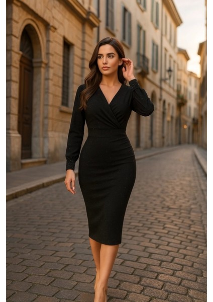 Kadın Uzun Kollu Kruvaze Yaka Büzgü ve Balon Kol Detay Krep Kumaş Maxi Boy Elbise